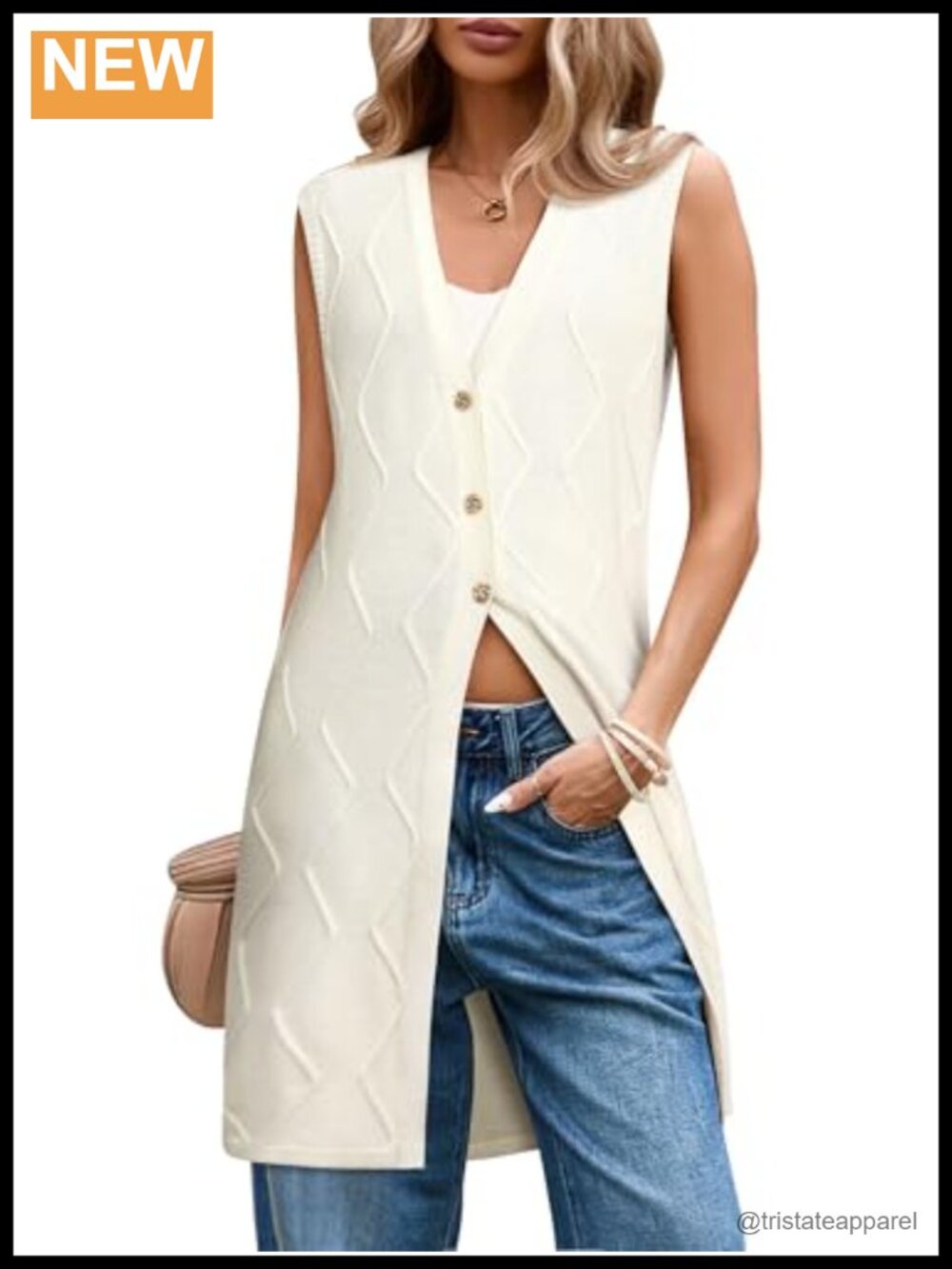 Women Long Sleeveless Cable Knit Button Up Open Front Vest Tunic